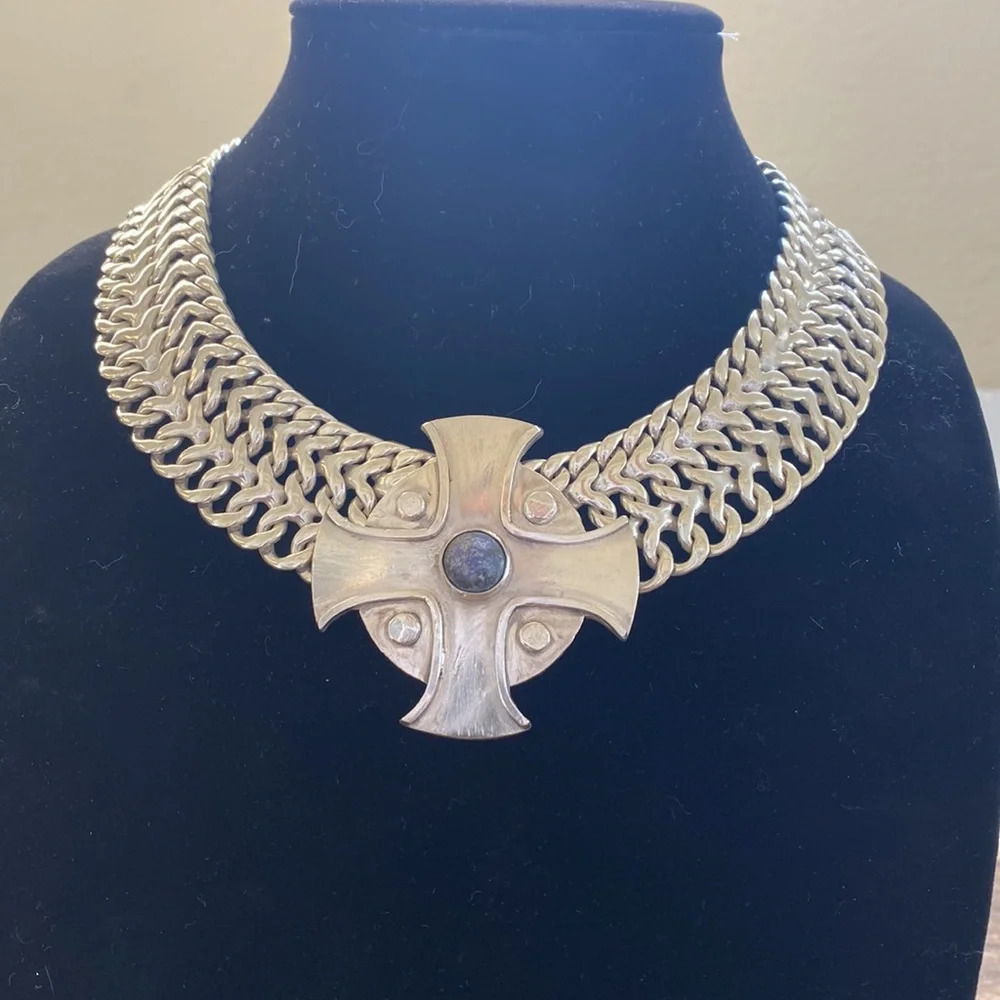 Sterling silver extra wide taxco collar very heavy with sterling OOAK cross